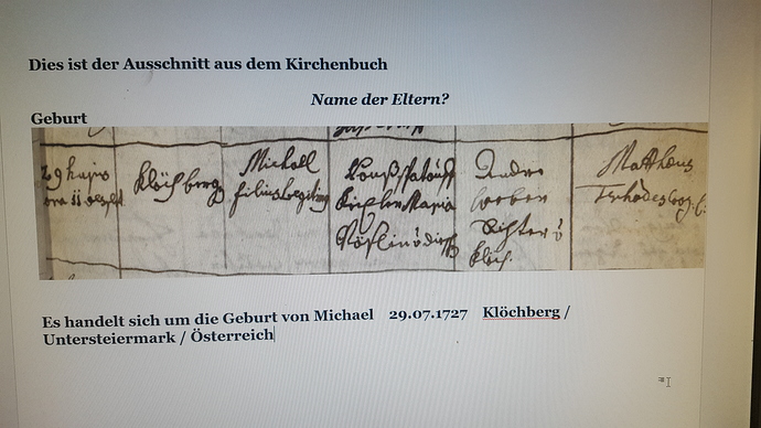 Geburt Michael Spätauf 1727